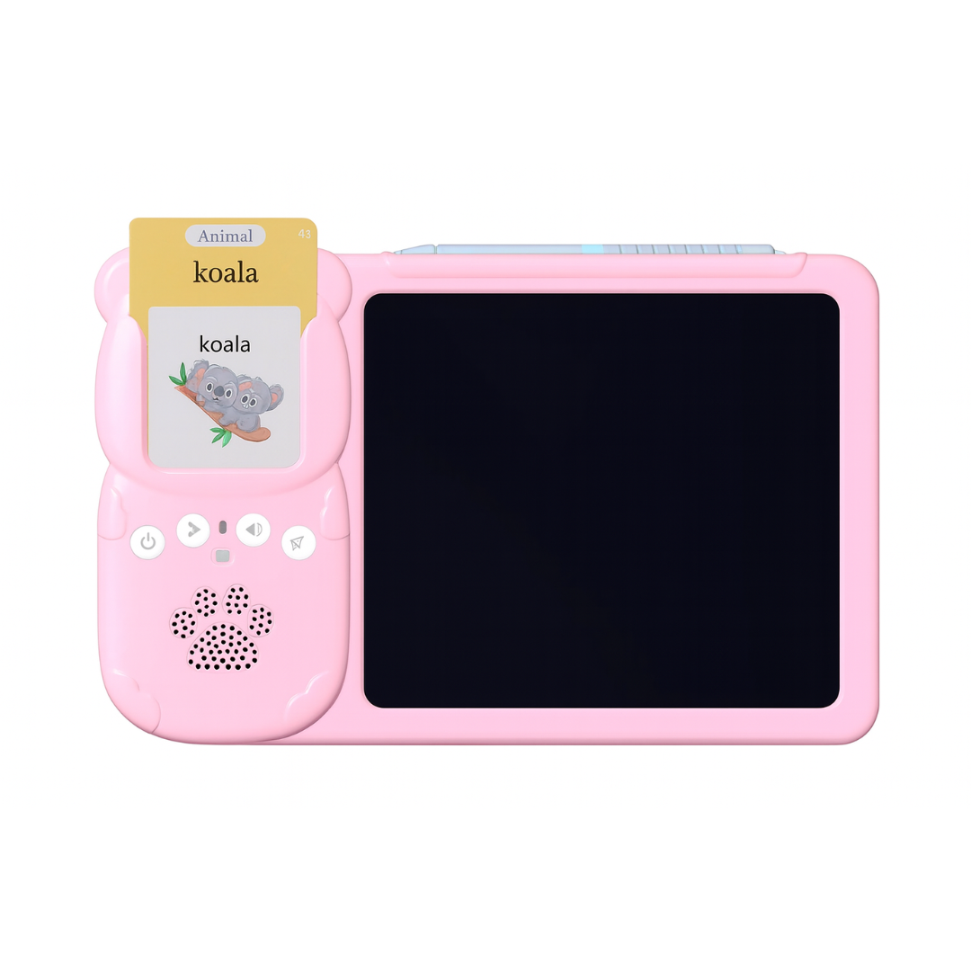 Children's educational toy with a digital display and drawing pad on a white background