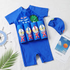 Blue children's swimsuit with cartoon characters and matching cap on a white background