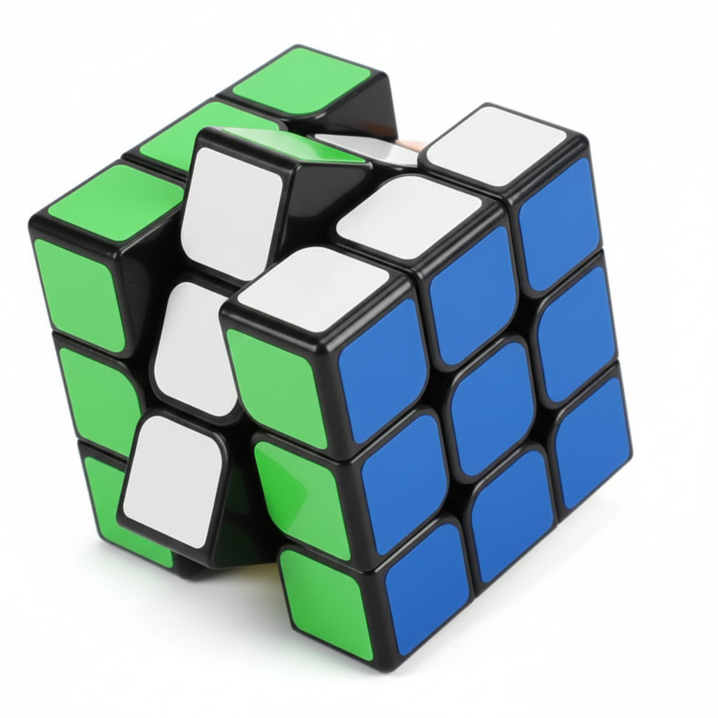 Rubik's Cube with green, blue, and white sides on a white background