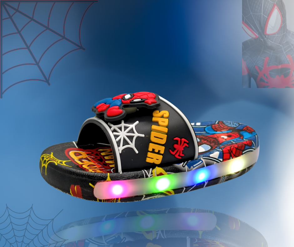 Spider-Man themed slide sandal with LED lights on a blue background