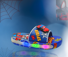 Spider-Man themed slide sandal with colorful design and light-up feature on a blue background.