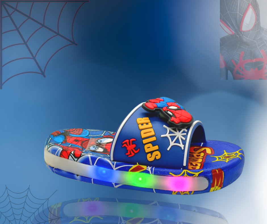 Spider-Man themed slide sandal with colorful design and light-up feature on a blue background.