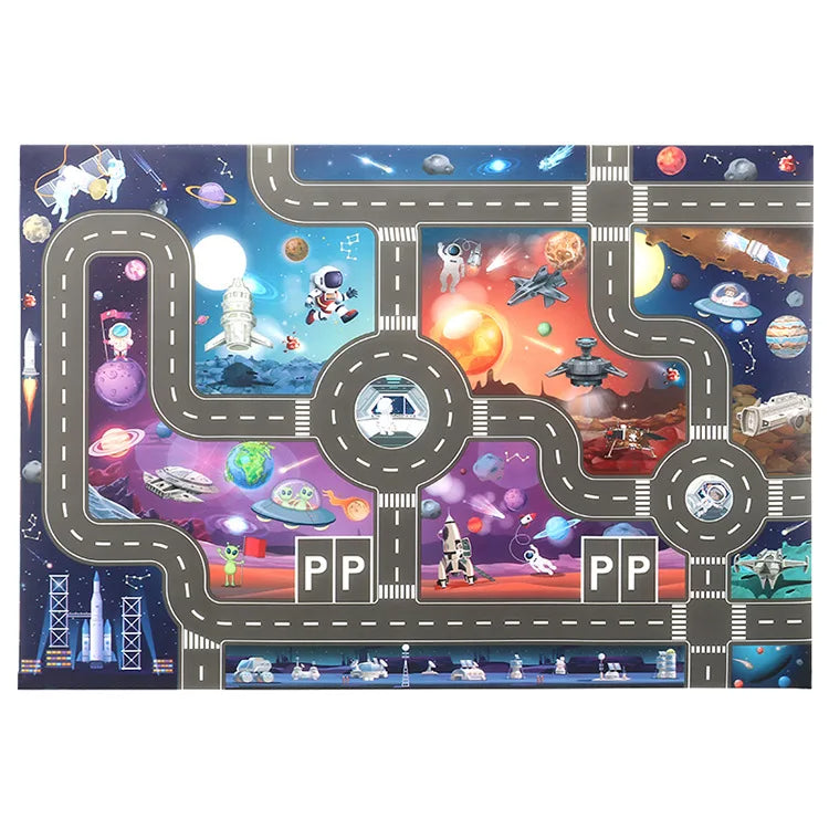 Space-themed play mat with roads and space-themed illustrations on a white background