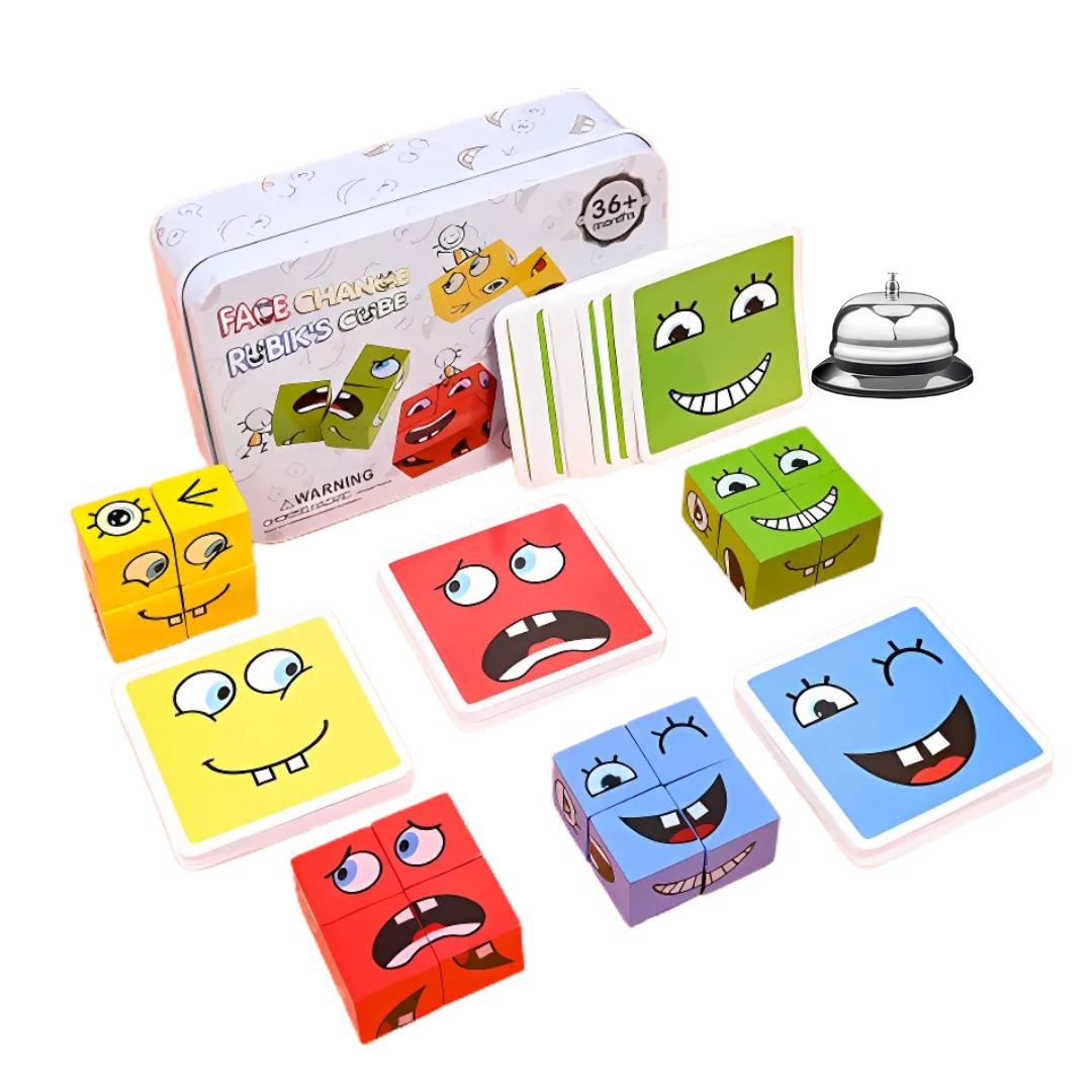 Colorful face-changing Rubik's Cube toy set with packaging on a white background