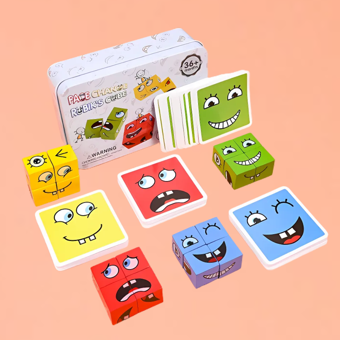 Colorful face-changing Rubik's Cube toys with packaging on a peach background