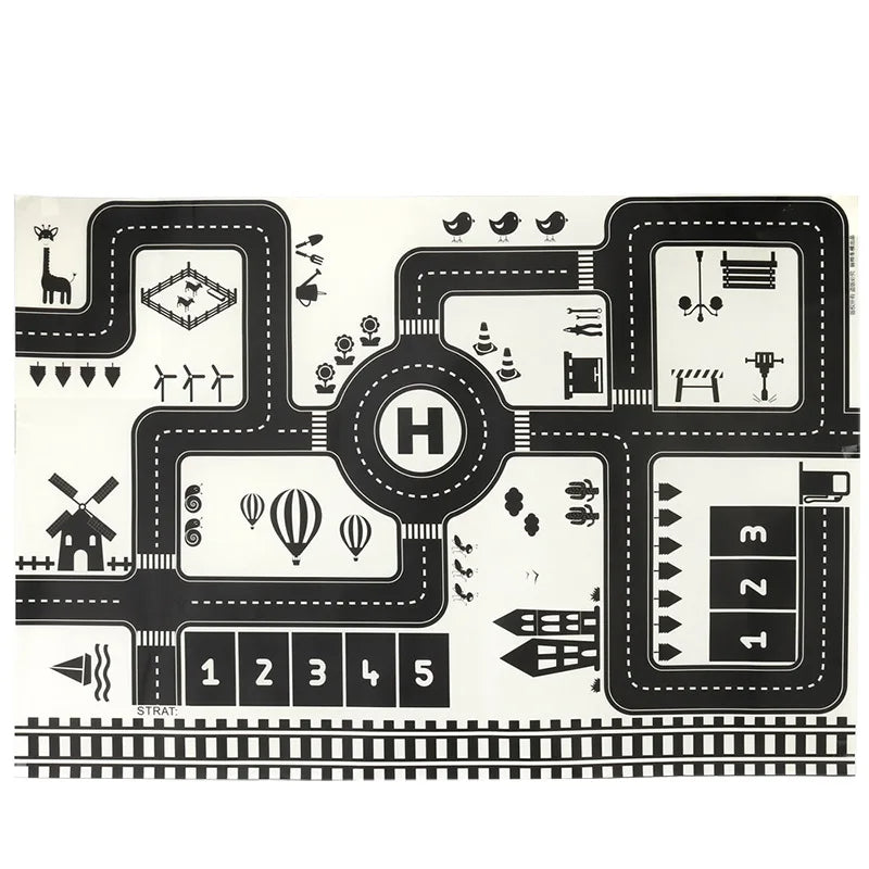 Black and white road map design with various symbols on a white background