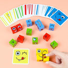 Colorful card and block set with cartoon face designs on a peach background