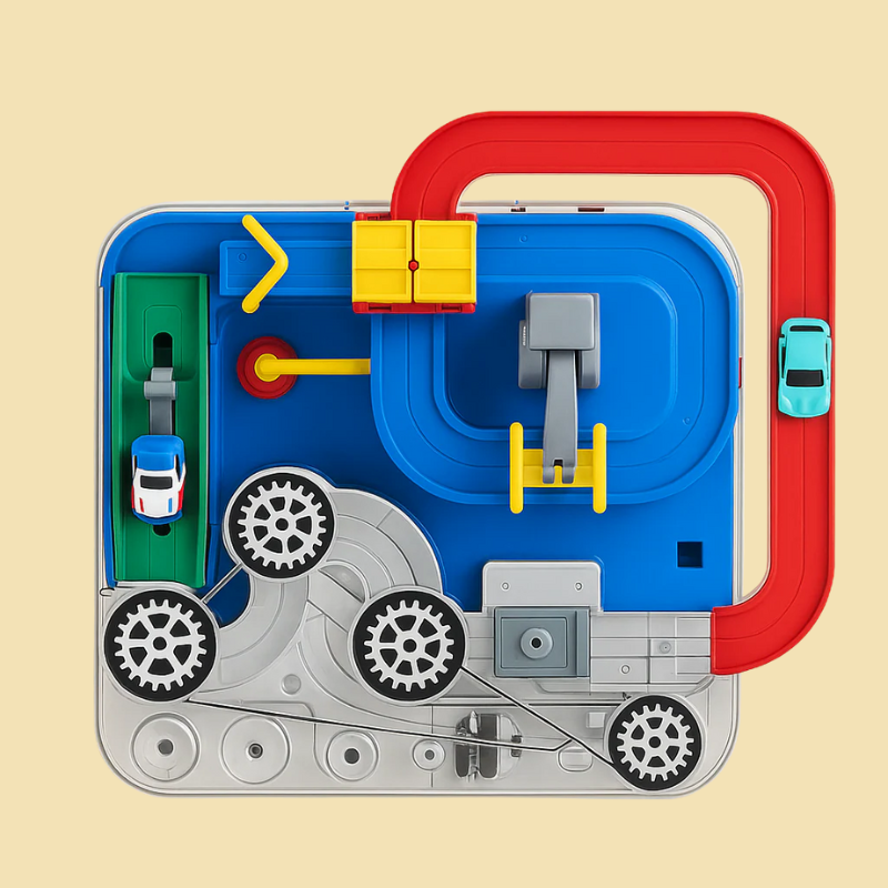 Toy car track set with cars on a beige background