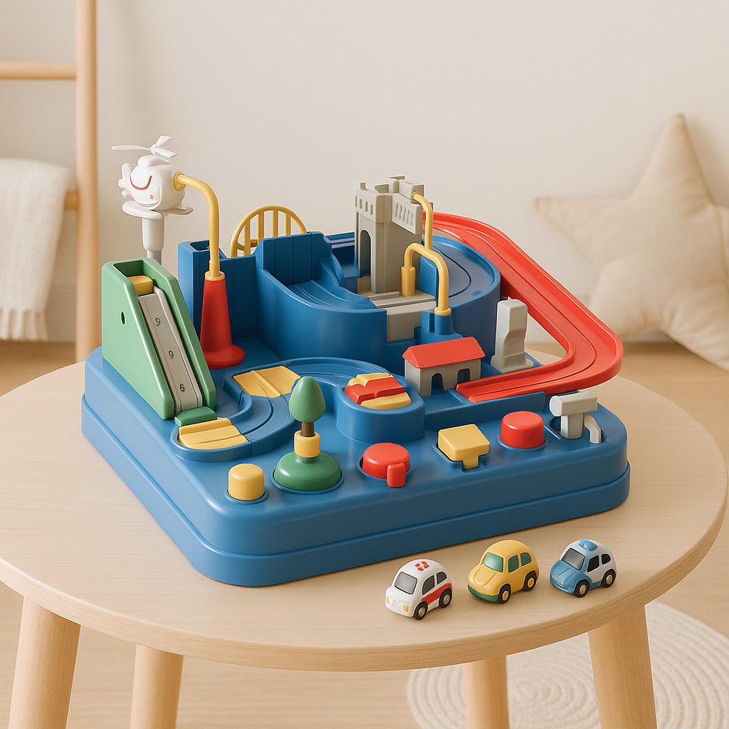 Colorful toy race track set with cars on a wooden table