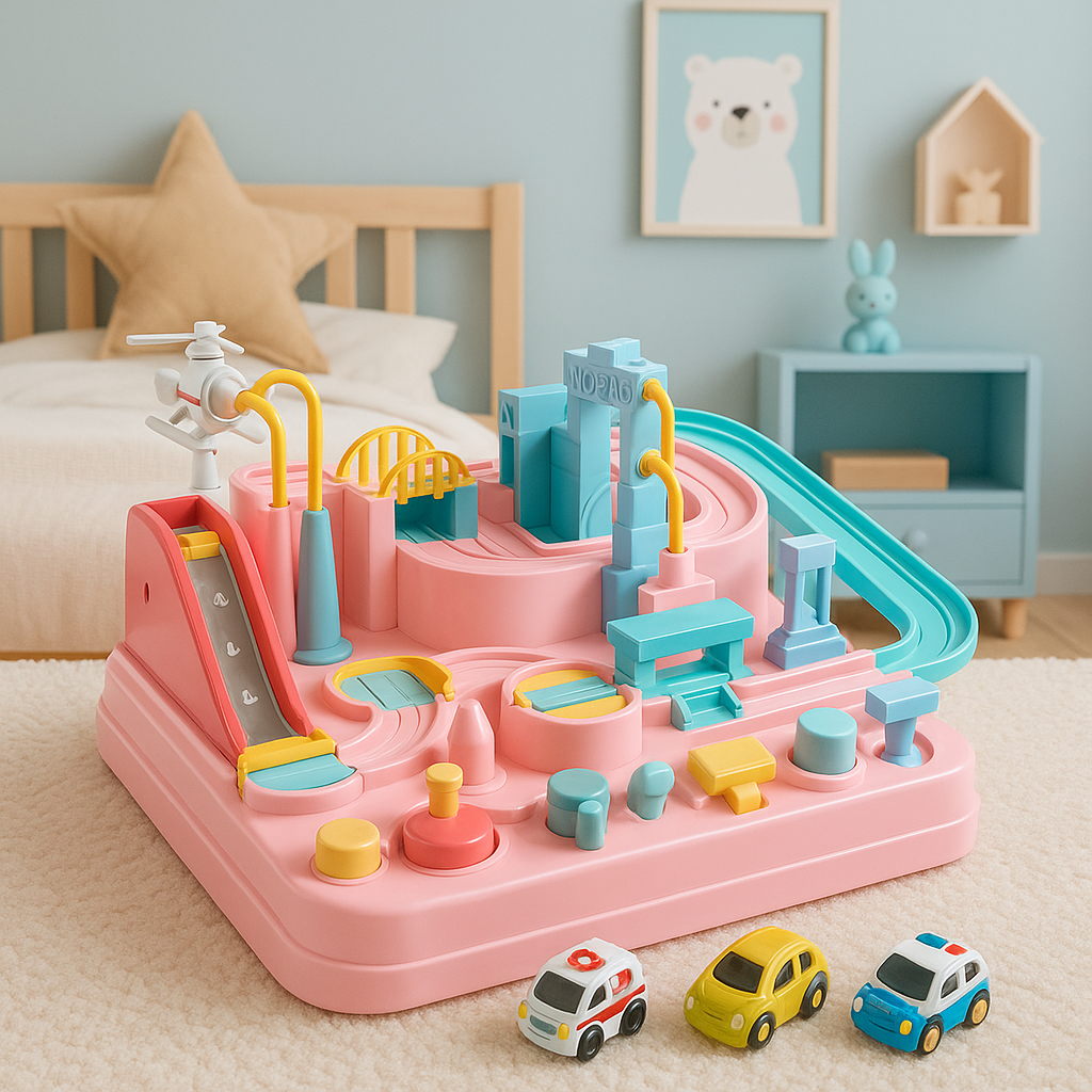 Toy track set with cars on a bed in a child's room