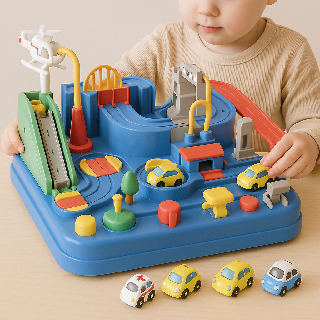 Child playing with a colorful toy race track set on a beige surface