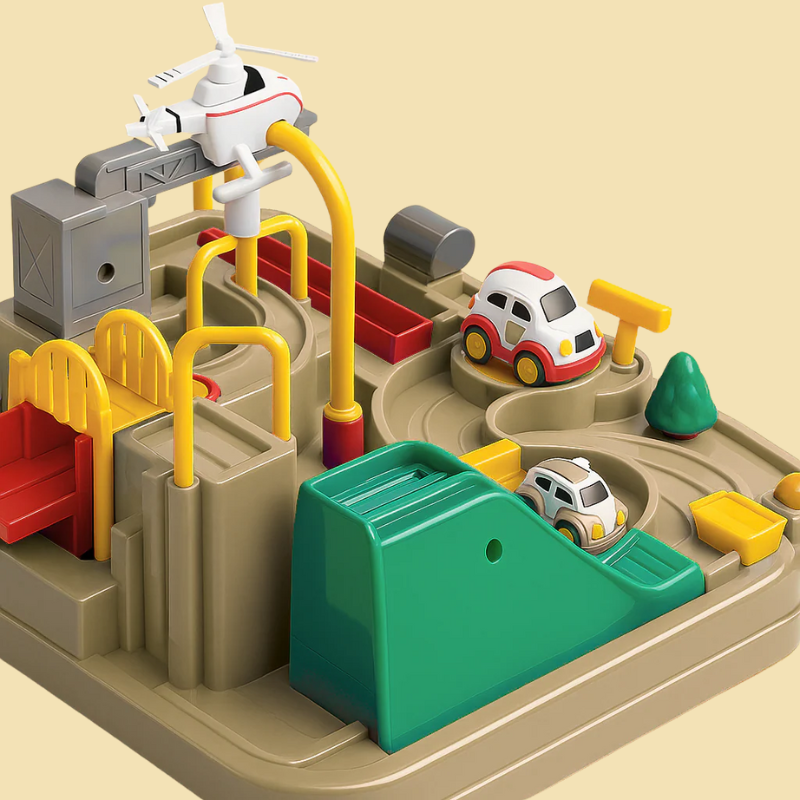 Toy race track set with cars and a helicopter on a beige background
