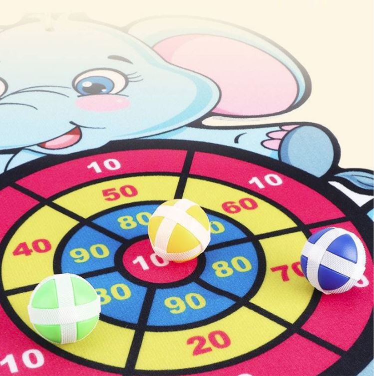Children's dartboard game with cartoon elephant design and colorful darts.