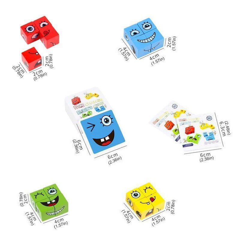 Colorful cube toys with cartoon faces and their dimensions on a white background