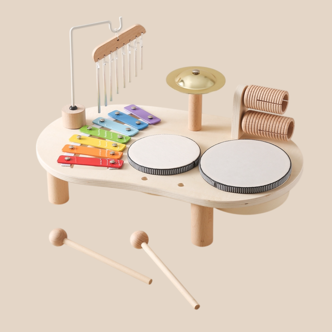 Wooden Musical Activity Table for Toddlers – Educational Instrument Set with Xylophone, Drums, Cymbals, Bells & Rattles (3+ years)
