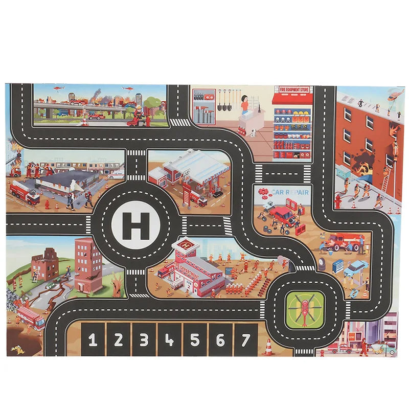Children's play mat with fire station theme, roads, and buildings.