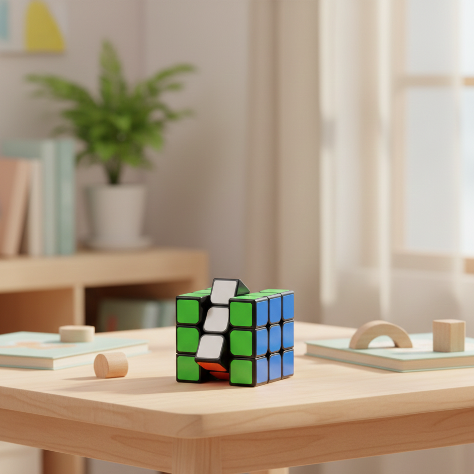 Colorful Rubik's Cube on a wooden table with a blurred indoor background
