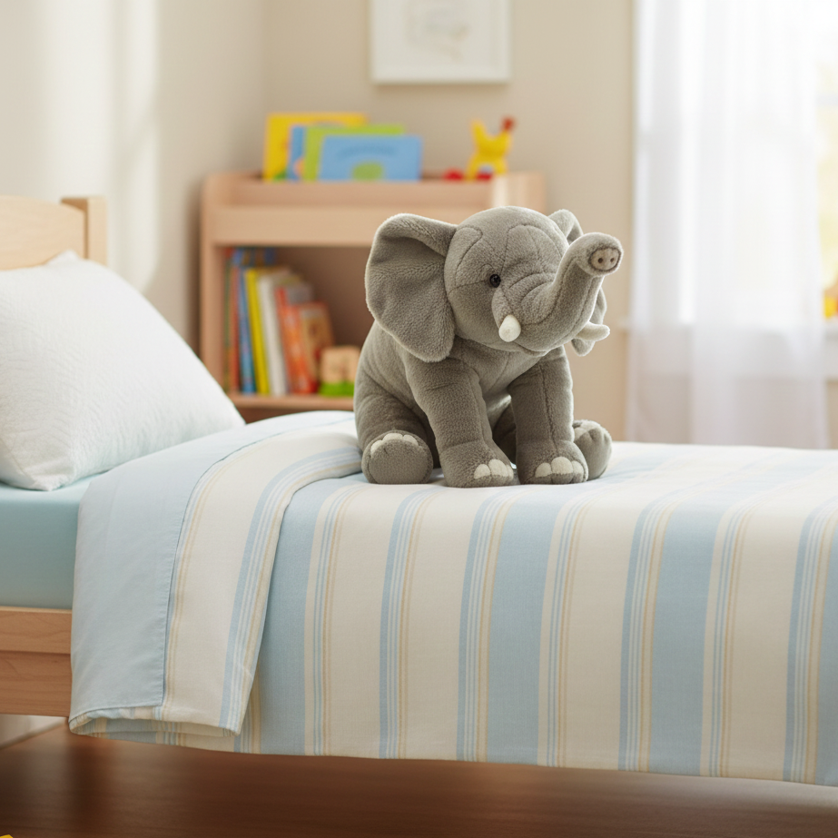Gray plush elephant toy on a bed with striped bedding in a child's room.