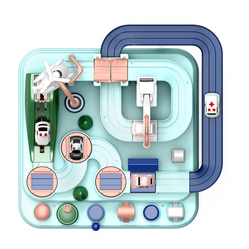 Toy track set with various track pieces and small vehicles on a white background