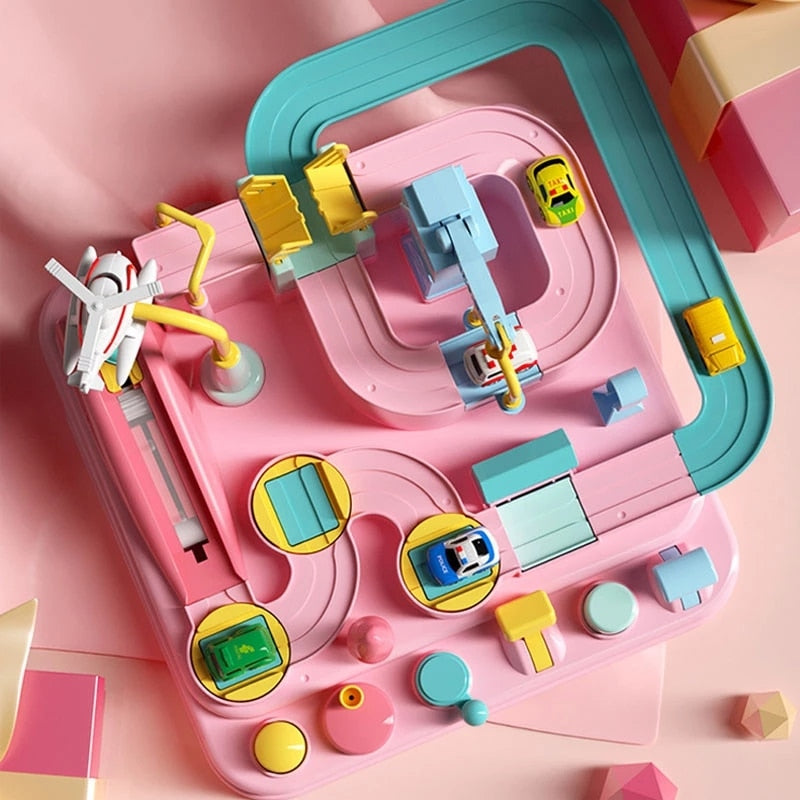 Colorful toy track set with cars on a pink background