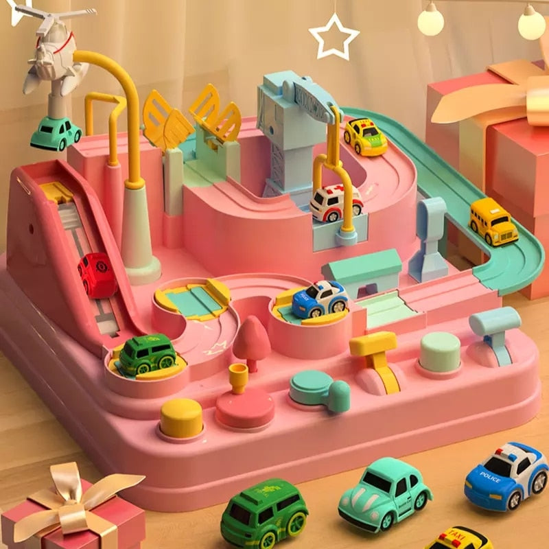 Toy race track set with multiple cars on a wooden surface