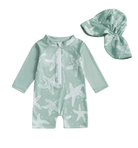 Baby UV Protection Swimwear Set with Hat – Long Sleeve, UPF 50+, Quick Dry, Starfish Print – (0-3 Years)