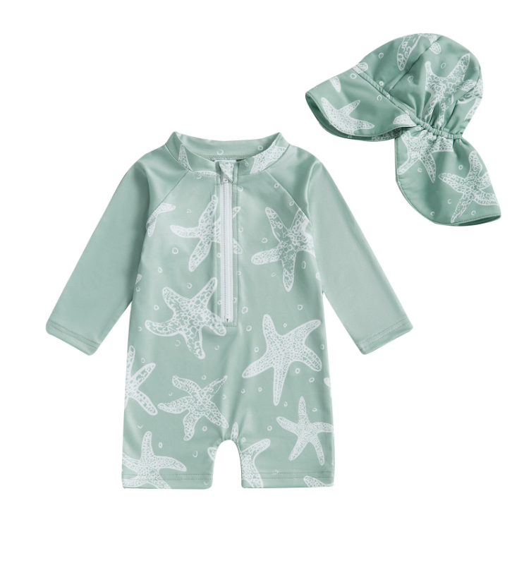 Baby UV Protection Swimwear Set with Hat – Long Sleeve, UPF 50+, Quick Dry, Starfish Print – (0-3 Years)