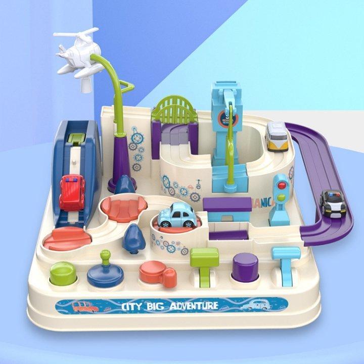 Toy city playset with cars and structures on a blue background