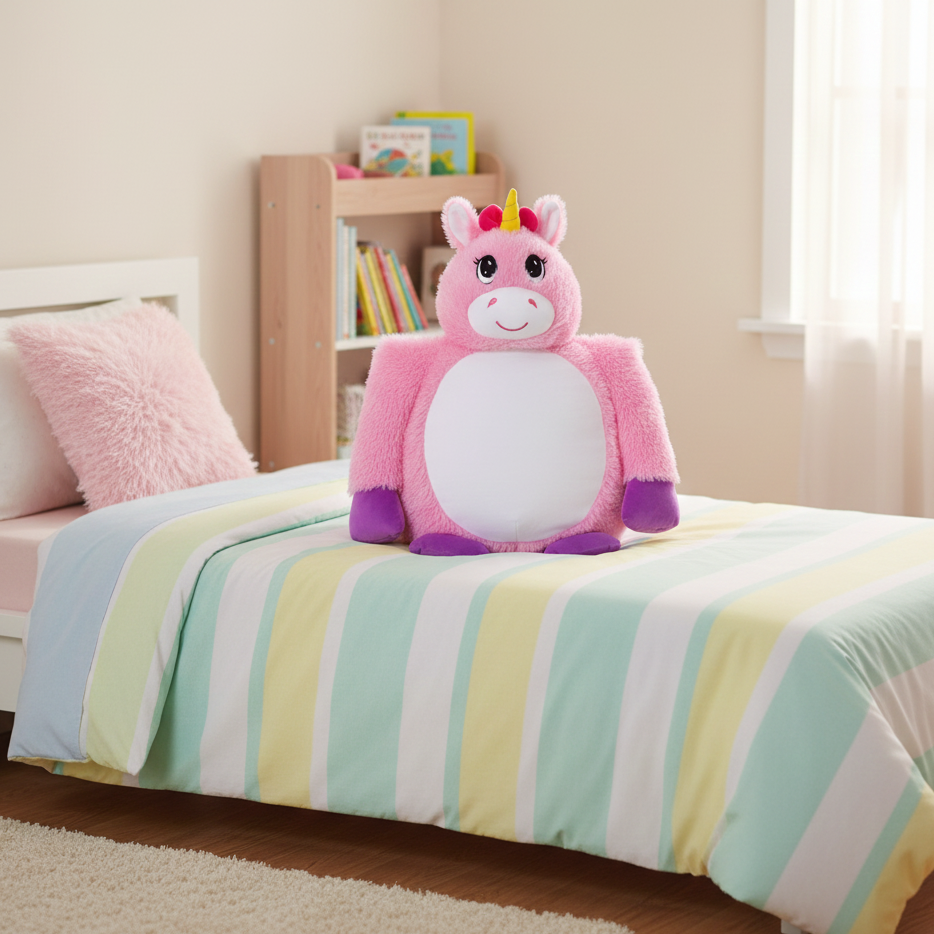 Pink unicorn plush toy on a bed with colorful striped bedding in a child's room.