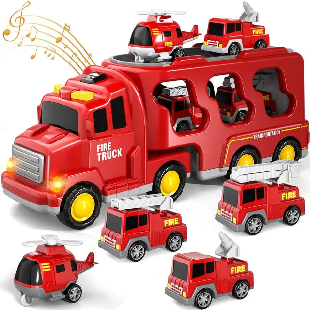 Double-Deck Toy Truck with Mini Vehicles, Music & Accessories – Firetruck or Construction Set for Kids (3+ years)