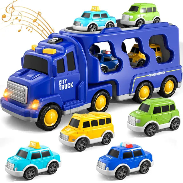 Double-Deck Toy Truck with Mini Vehicles, Music & Accessories – Firetruck or Construction Set for Kids (3+ years)