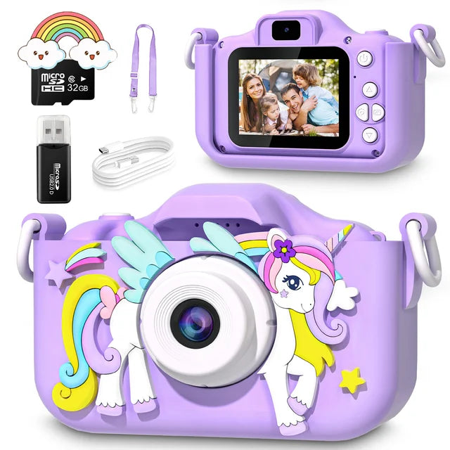 Photo Camera - Unicorn Girls, 32GB SD Card, HD Photos & Videos, Rechargeable Battery, Accessories Included (3+ years)