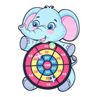 Cartoon elephant holding a colorful dartboard on a white background