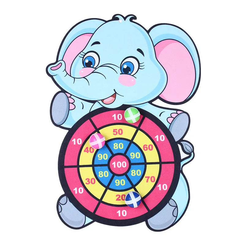 Cartoon elephant holding a colorful dartboard on a white background