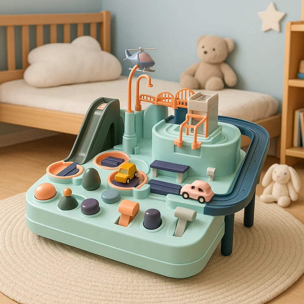 Children's toy with various compartments and toys on a rug in a room with a teddy bear and books.
