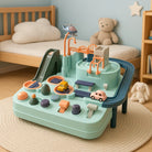 Children's toy with various compartments and toys on a rug in a room with a teddy bear and books.