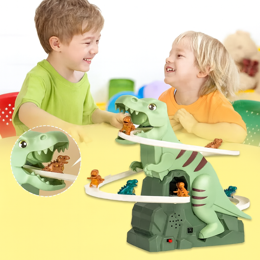 Two children playing with a dinosaur toy set on a yellow surface.