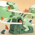 Toy dinosaur set with a large green dinosaur figure and smaller dinosaur figures on a beige background