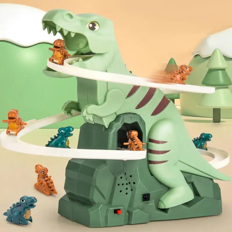 Toy dinosaur set with a large green dinosaur figure and smaller dinosaur figures on a beige background