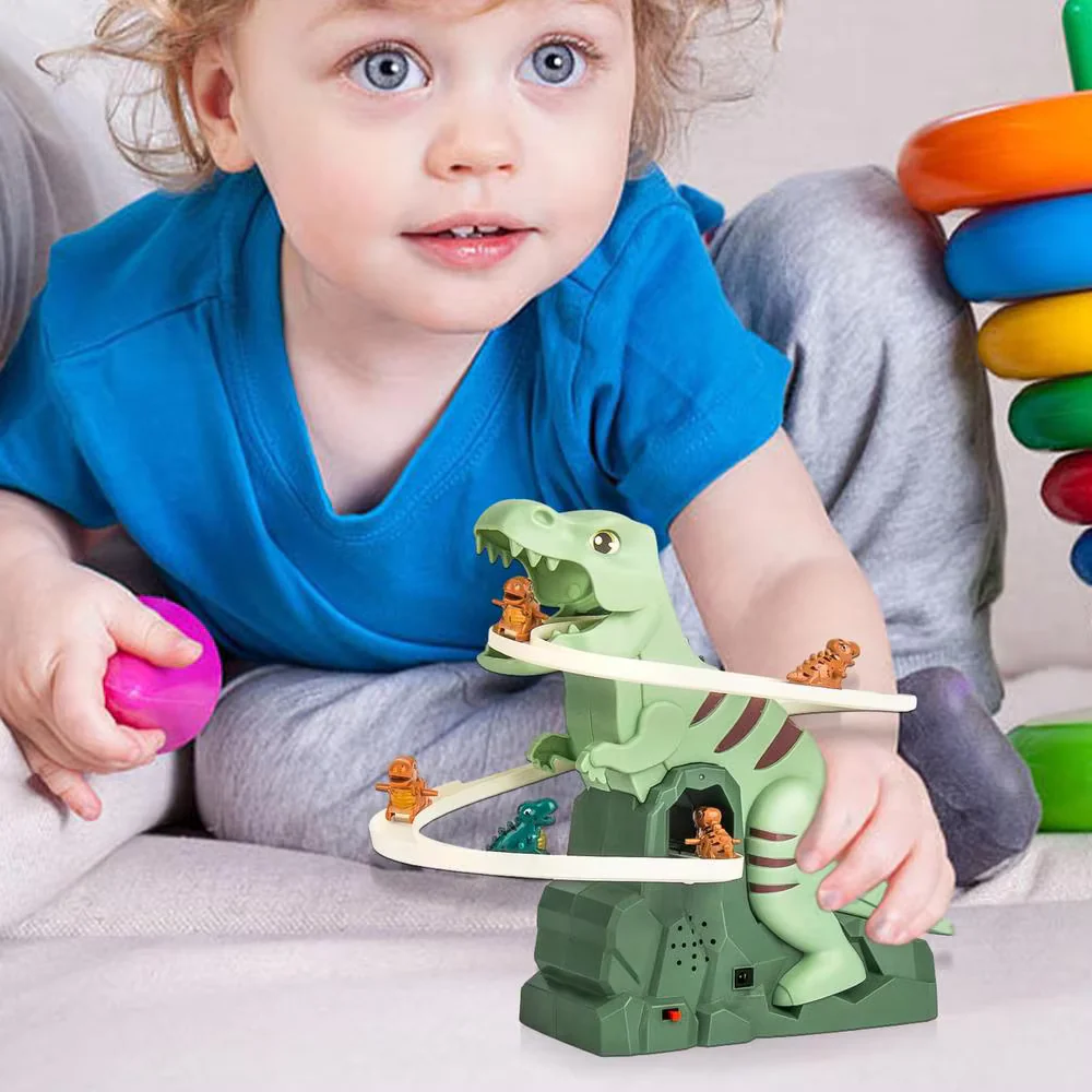 Child playing with a green dinosaur toy on a light-colored surface