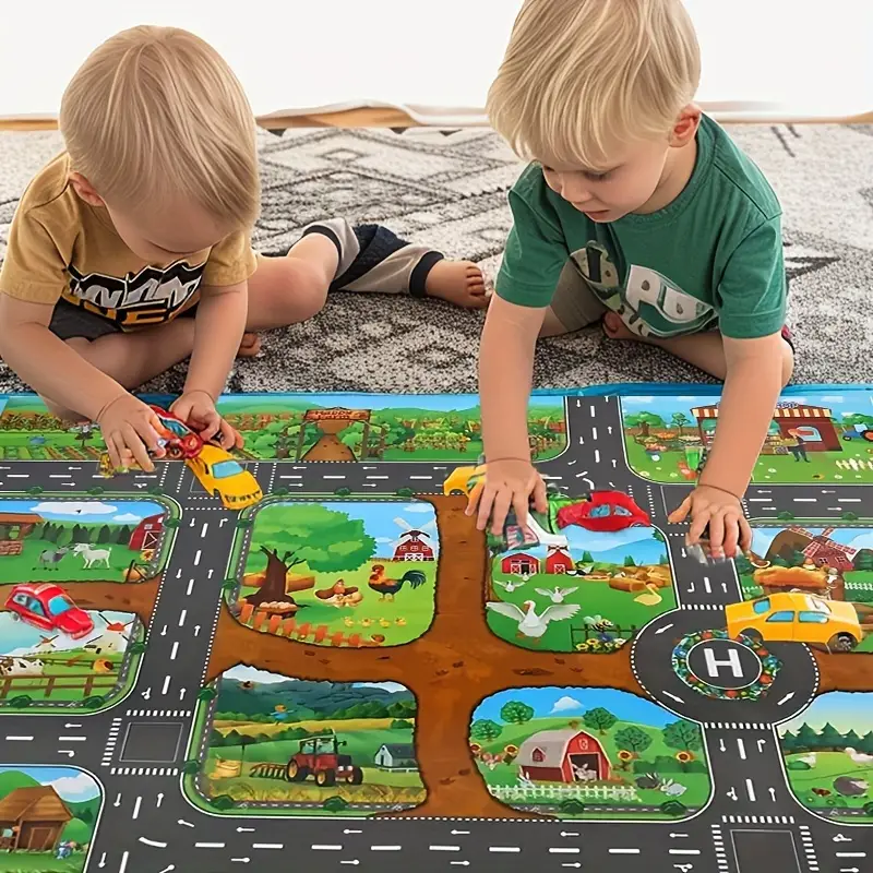 Two children playing with a colorful road map toy on a rug.