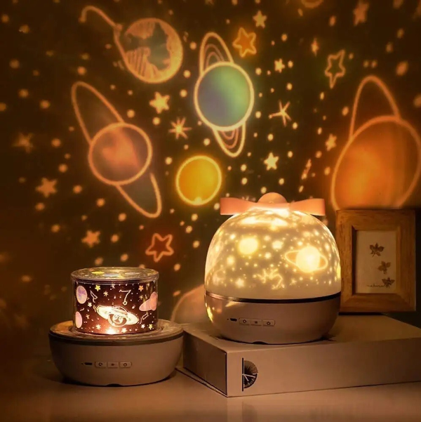 Decorative night light projecting space-themed patterns on a wall.