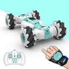 Toy vehicle with remote control and wrist strap on a light blue background