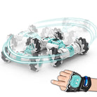 360-degree whirligig toy with a hand wearing a control device on a white background