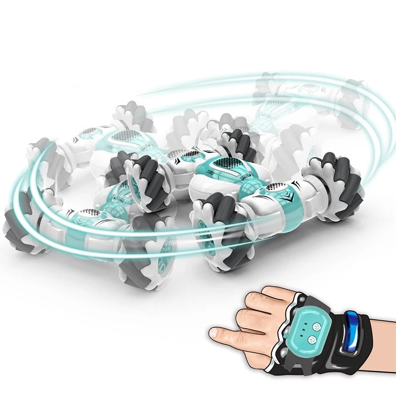 360-degree whirligig toy with a hand wearing a control device on a white background