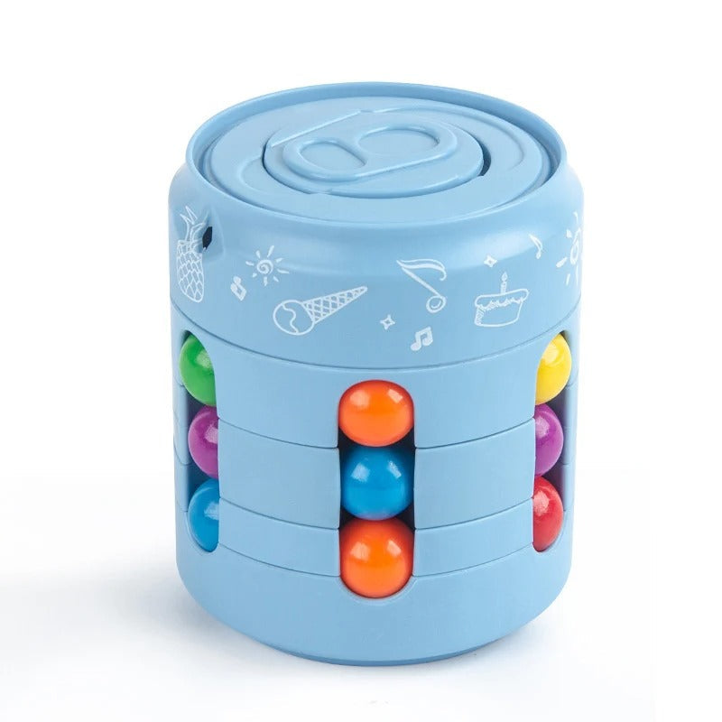 Blue cylindrical toy with colorful beads on a white background