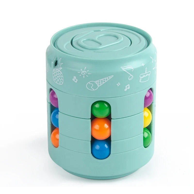 Turquoise cylindrical toy with colorful balls on a white background