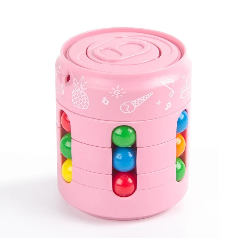 Pink cylindrical toy with colorful beads on a white background