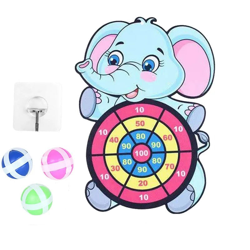 Cartoon elephant dartboard with three colorful darts on a white background