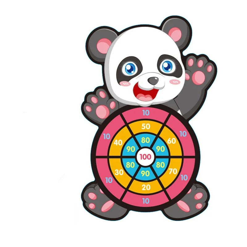 Panda-shaped dartboard with colorful darts on a white background